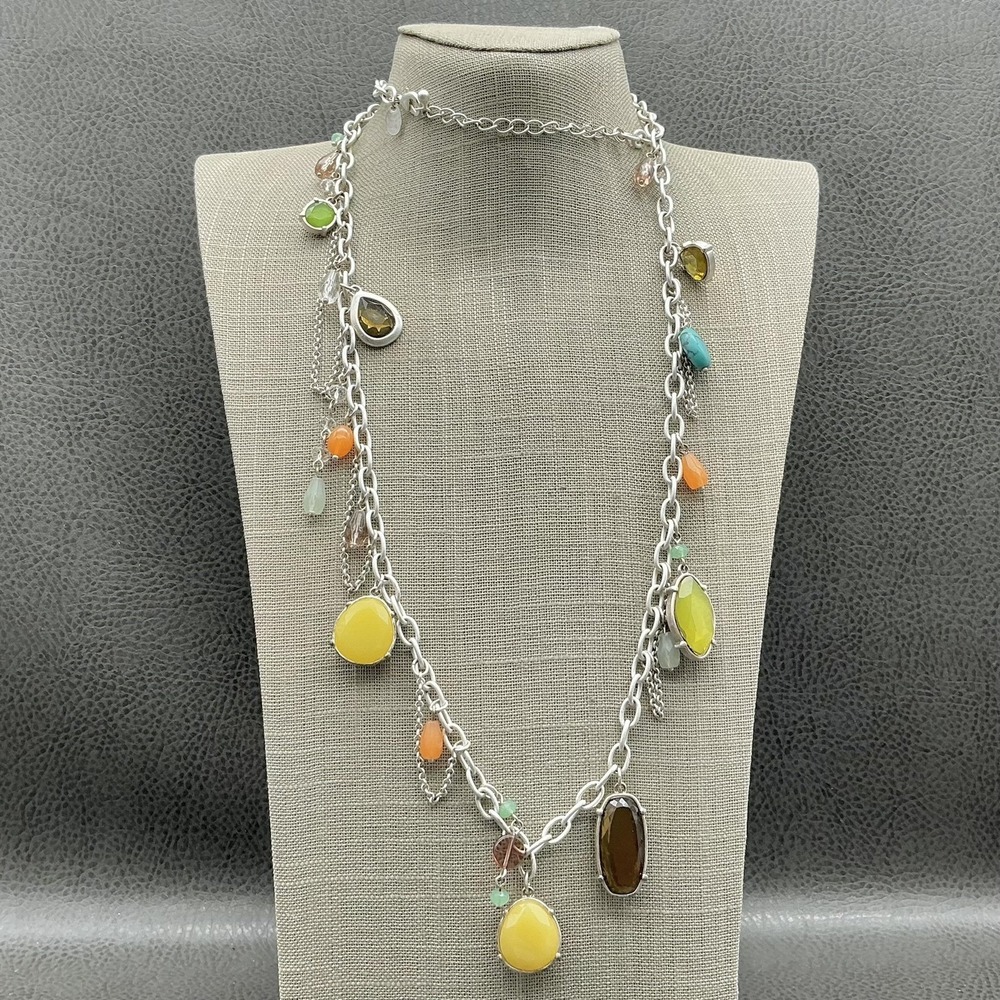 Lia Sophia Necklace Silver Tone Multicolor Charm Chain Beaded Statement Jewelry